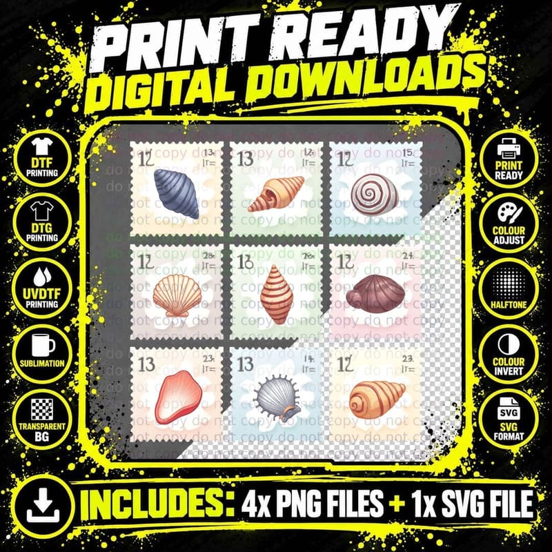 Seashell Stamp Collection Vintage Pastel Beach Ocean Png SVG Digital Bundle