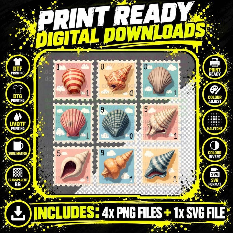 Seashell Stamp Grid Beach Ocean Vintage Postage Stamp Png SVG Digital Bundle