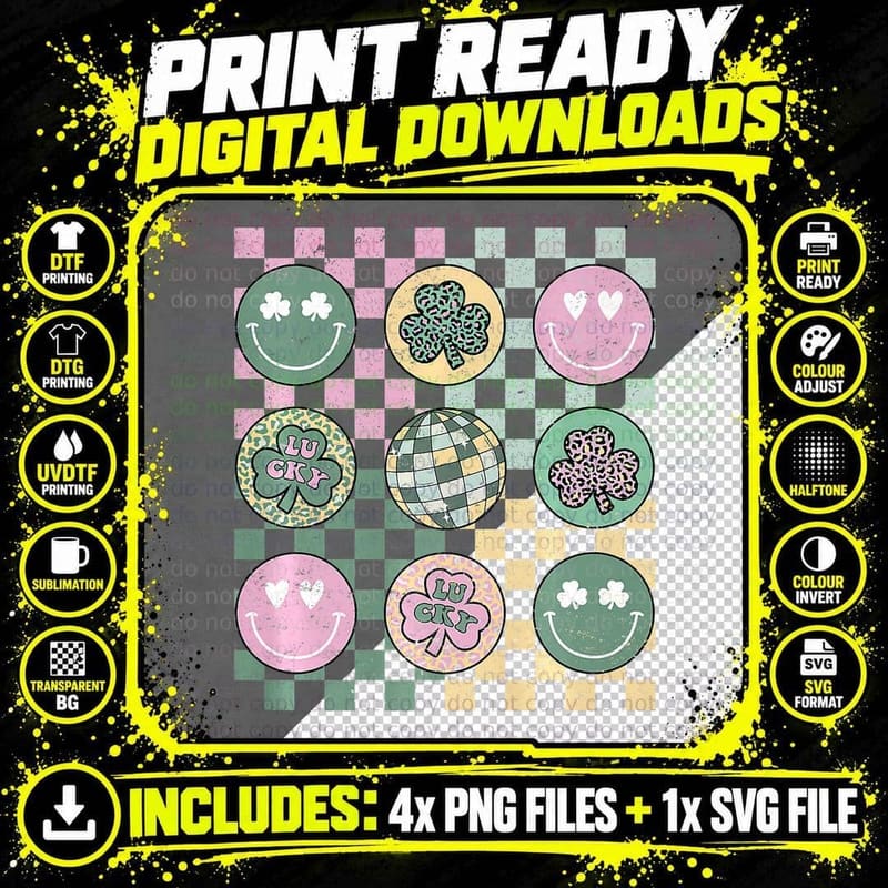 Shamrock Smile Face Disco Retro Groovy St Patricks Day Png SVG Digital Bundle