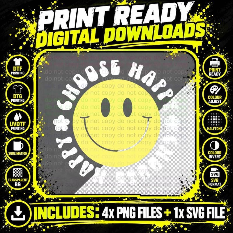 Smile Face Retro Choose Happy Cute Peace Positive Women Png SVG Digital Bundle