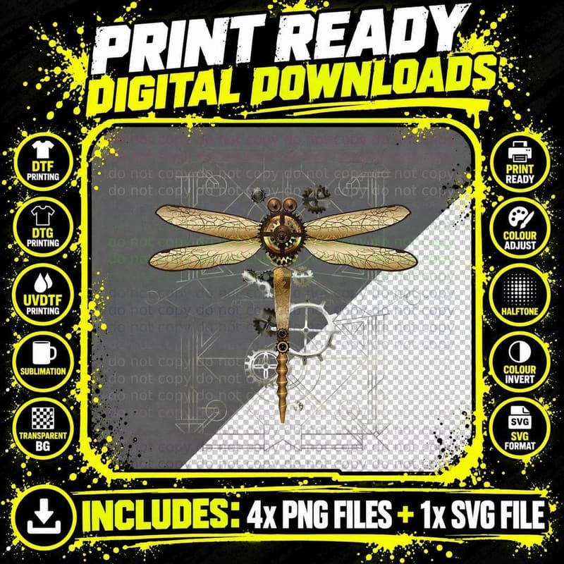 Steampunk Dragonfly Vintage Gears Goth Men Women T-Shirt Png SVG Digital Bundle