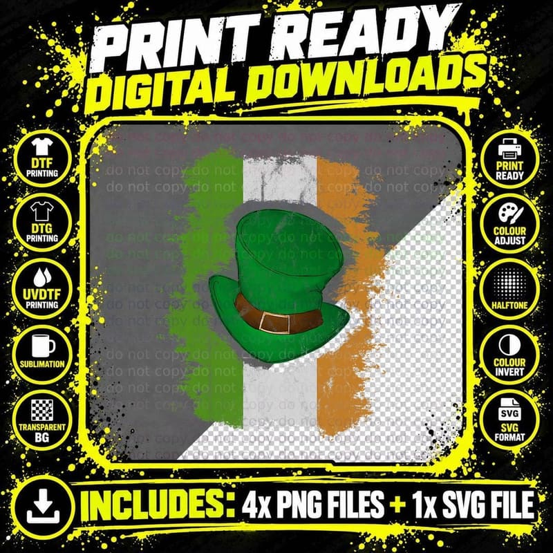 Steampunk Top Hat Distressed Irish Flag St Patricks Png SVG Digital Bundle