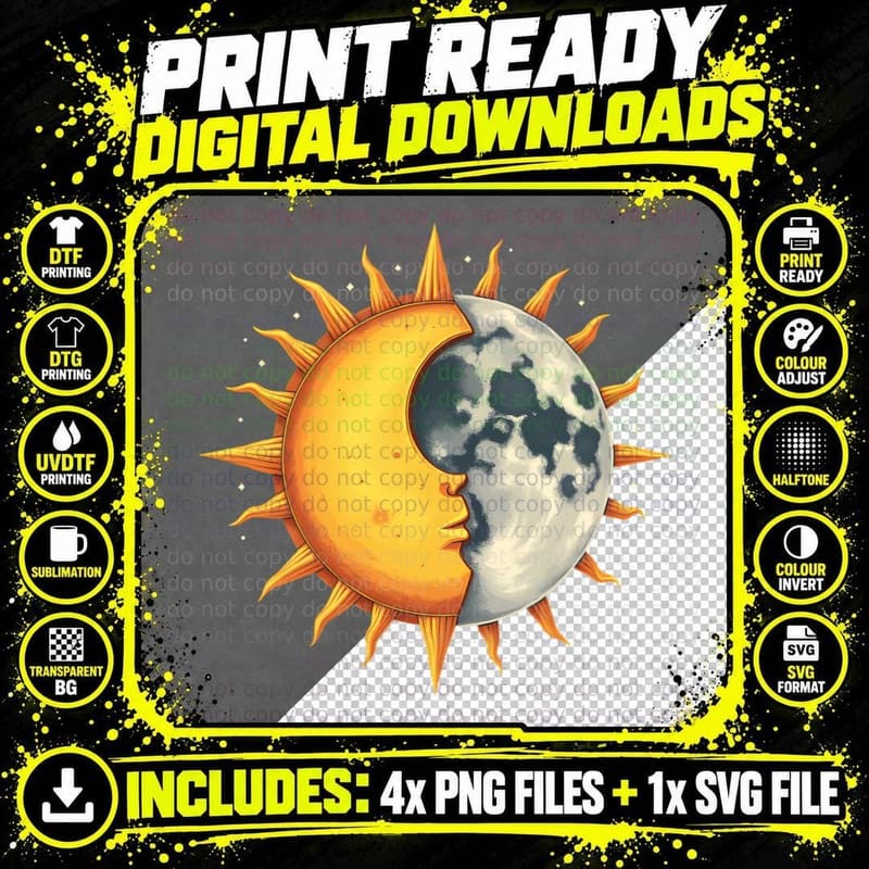 Sun Moon Celestial Mystical Vintage Aesthetic Yin-Yang Png SVG Digital Bundle