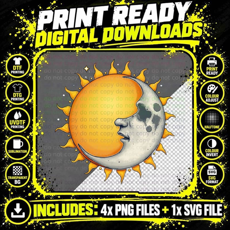 Sun Moon Celestial Vintage Mystical Aesthetic Yin-Yang Png SVG Digital Bundle