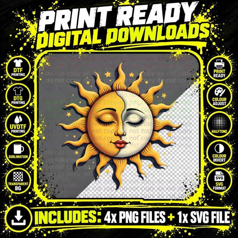 Sun Moon Yin-Yang Celestial Mystical Aesthetic Vintage Png SVG Digital Bundle