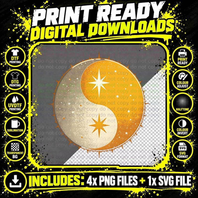 Sun Moon Yin-Yang Harmony Celestial Mystical Vintage Png SVG Digital Bundle