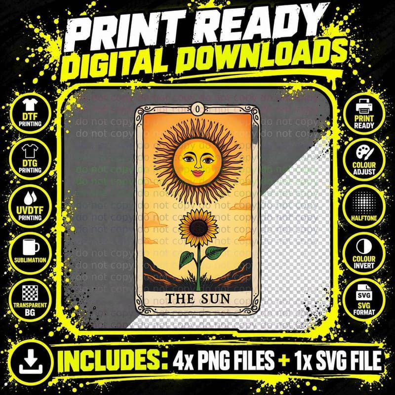 The Sun Tarot Card Optimism Joyful Celestial Retro Png SVG Digital Bundle