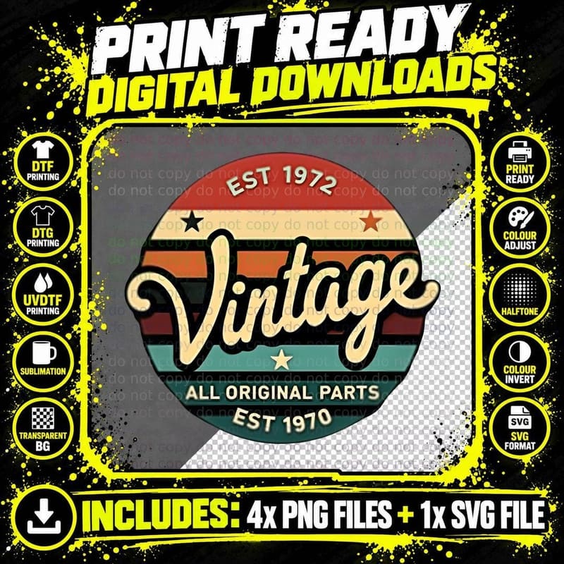 Vintage 1972 Sunset All Original Parts Retro Aesthetic Png SVG Digital Bundle