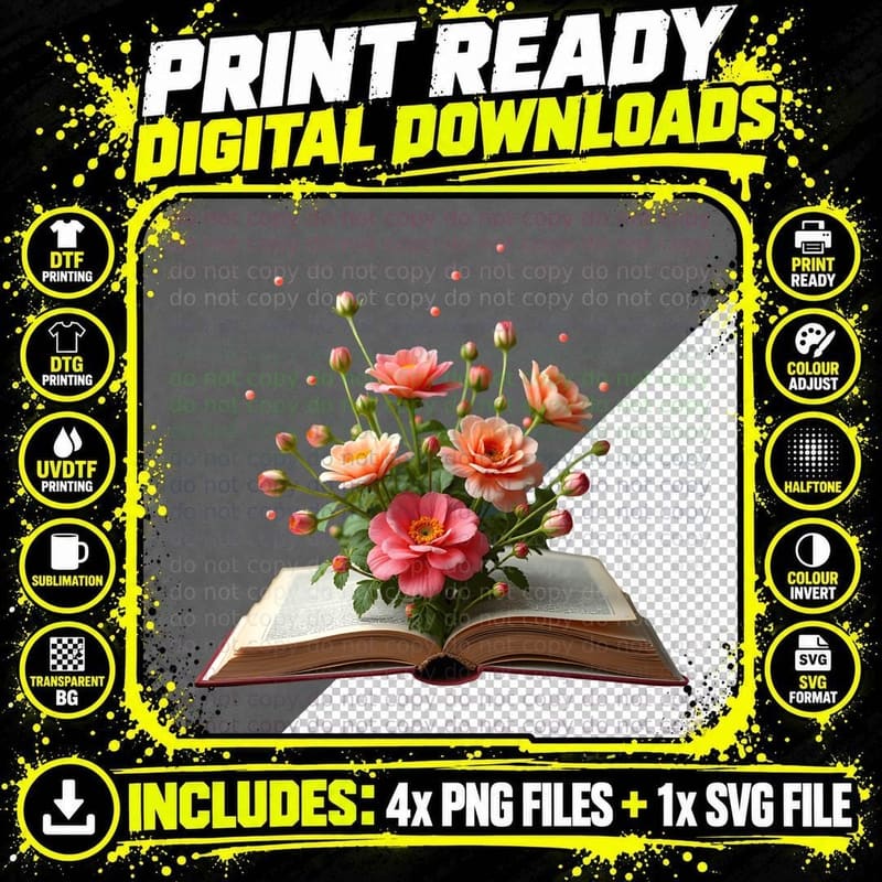 Vintage Book with Flowers and Petals Book Lover Reading Png SVG Digital Bundle