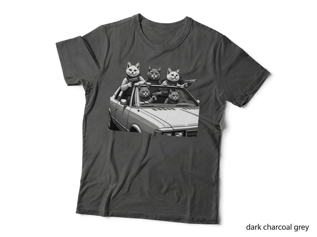 Vintage Car Cats Black Suits Guns Fedora Gangster Feline Crew T-Shirt