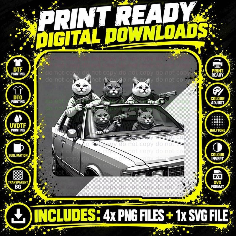 Vintage Car Cats Black Suits Guns Fedora Gangster Feline Png SVG Digital Bundle