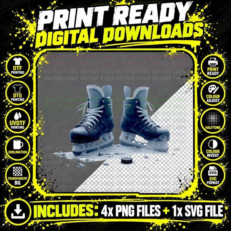 Vintage Ice Skates and Puck Winter Sports Fan Game Day Png SVG Digital Bundle