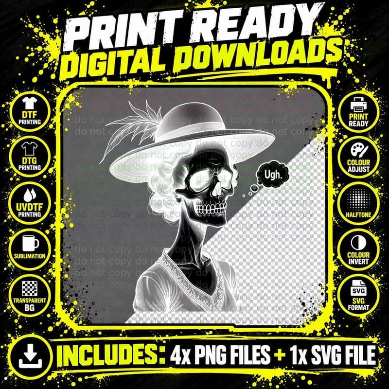 Vintage Lady Skull with Ugh T-Shirt Png SVG Digital Bundle