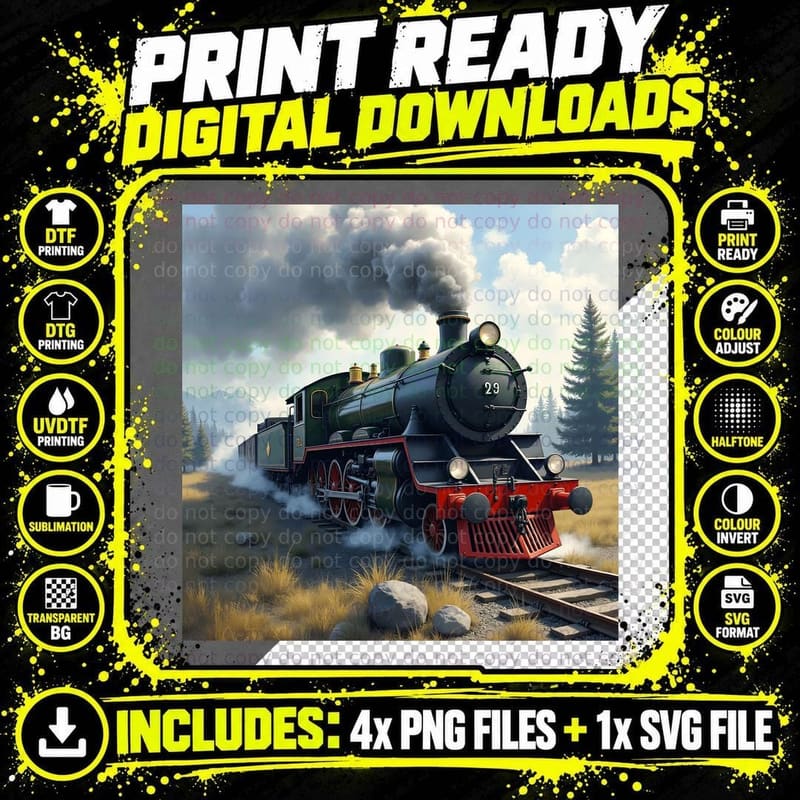 Vintage Locomotive Steam Train Engine 29 Nostalgic Png SVG Digital Bundle