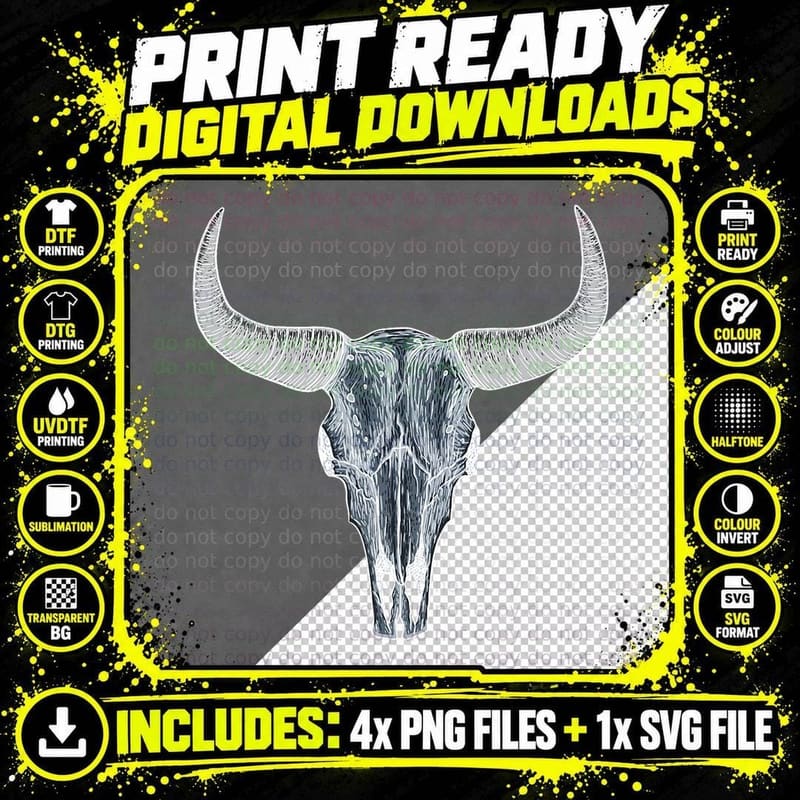 Vintage Old Buffalo Skull Retro Western Cowboys Graphic Png SVG Digital Bundle
