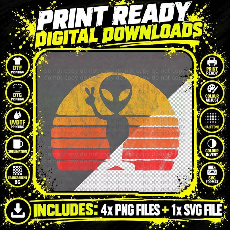 Vintage Peace Alien - Distressed Retro Sunset 70s T-Shirt Png SVG Digital Bundle