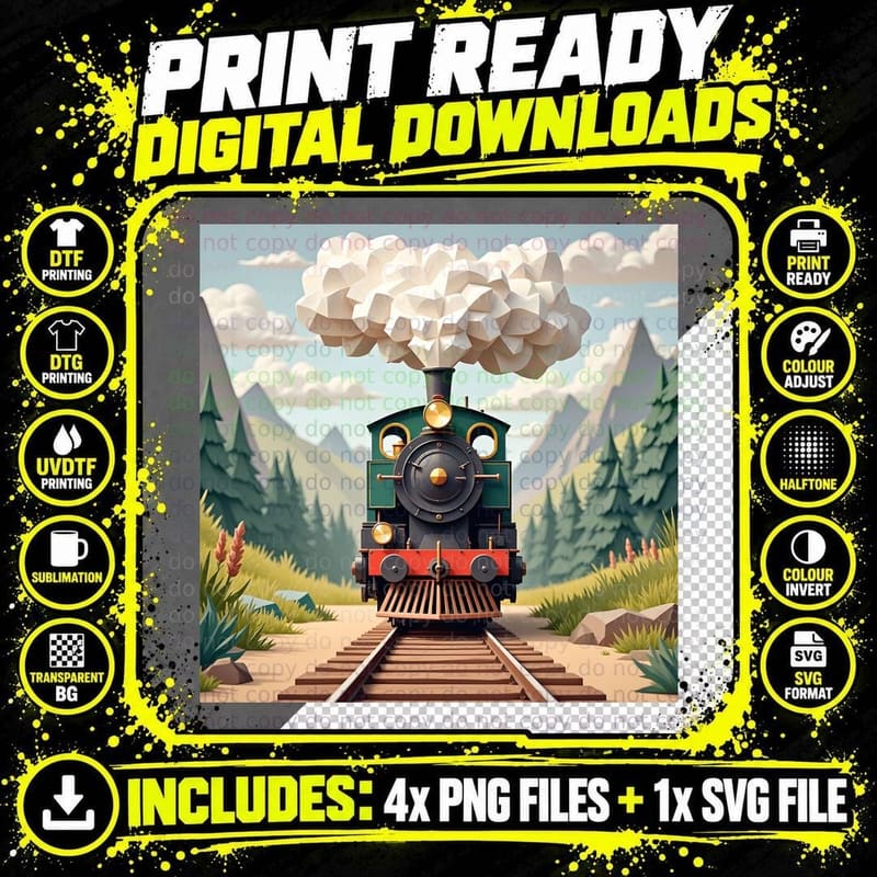 Vintage Steam Locomotive Cartoon Train Mountains Railway Png SVG Digital Bundle