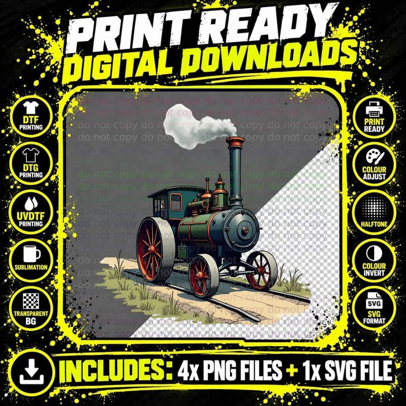 Vintage Steam Locomotive Green Engine Train Tracks Png SVG Digital Bundle