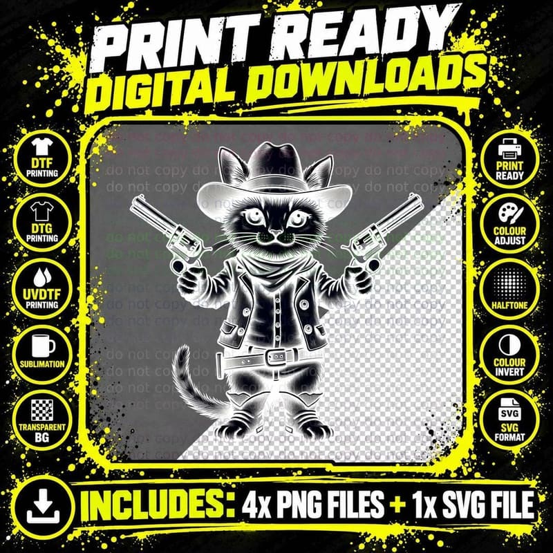 Vintage Woodcut Cowboy Kitten T-Shirt Png SVG Digital Bundle