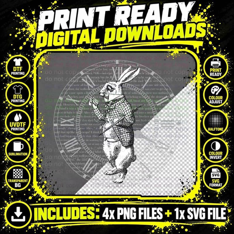 White Rabbit Vintage Clock Steampunk T T-Shirt Png SVG Digital Bundle