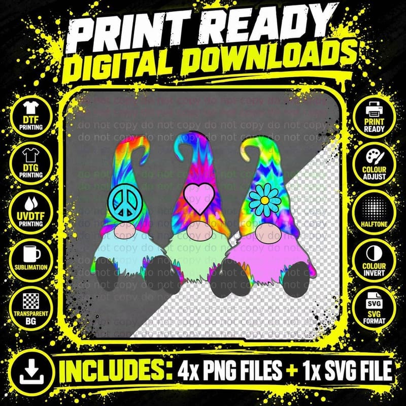 3 Hippie Gnomes Tie Dye Hat Retro Peace Groovy Pullover Png SVG Digital Bundle