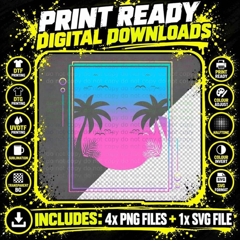 80s Palm Trees Sunrise Beach Tropical Summer Vaporwave Png SVG Digital Bundle