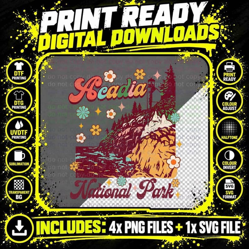 Acadia National Park Maine Nature Lover Exploring Groovy Png SVG Digital Bundle