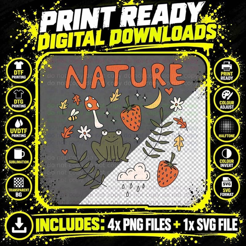 Aesthetic Frog Doodle Nature Granola Girl 90s Png SVG Digital Bundle