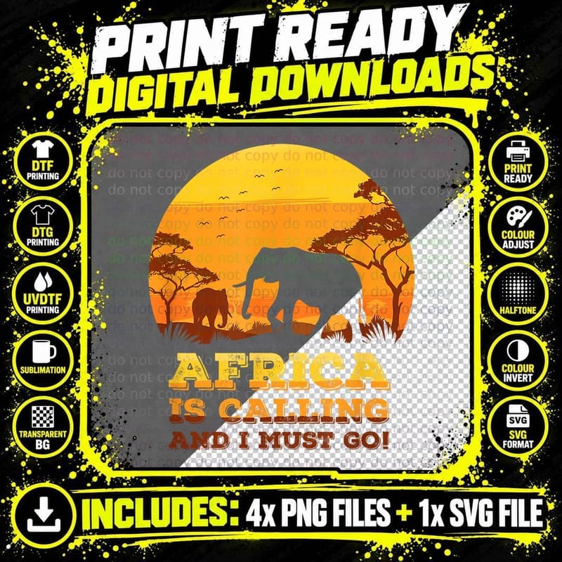 Africa Is Calling and I Must Go Retro African Elephant Png SVG Digital Bundle