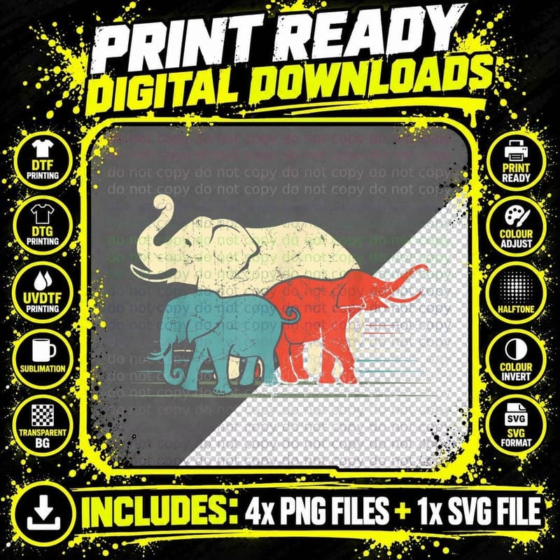 African Retro Elephants Cute Elephant Africa Safari Png SVG Digital Bundle
