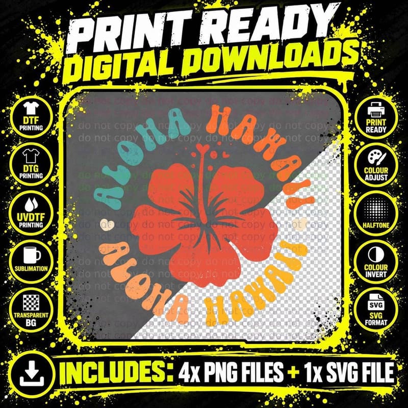 Aloha Hawaii Flower Groovy Summer Hawaiian Beach Png SVG Digital Bundle