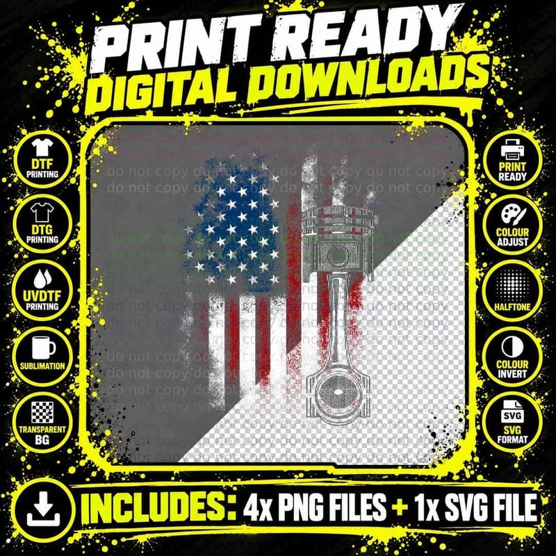 American Distressed Flag Piston Muscle-Car Piston T-Shirt Png SVG Digital Bundle