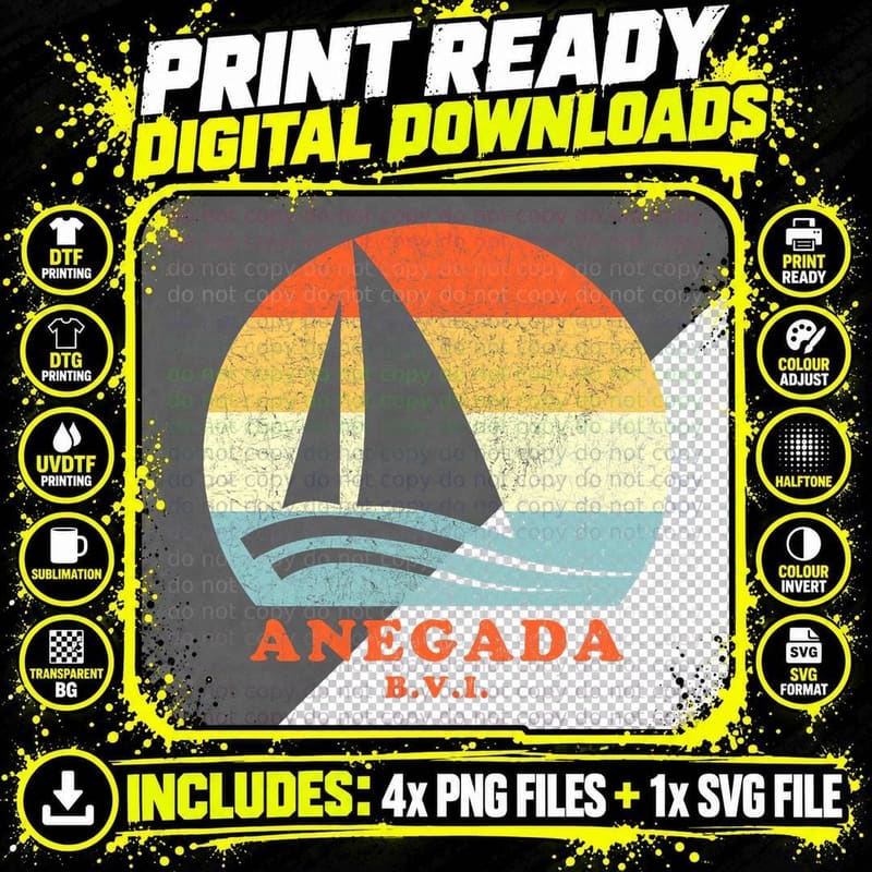Anegada, BVI Vintage Retro Sailboat Sailing Vacation Png SVG Digital Bundle