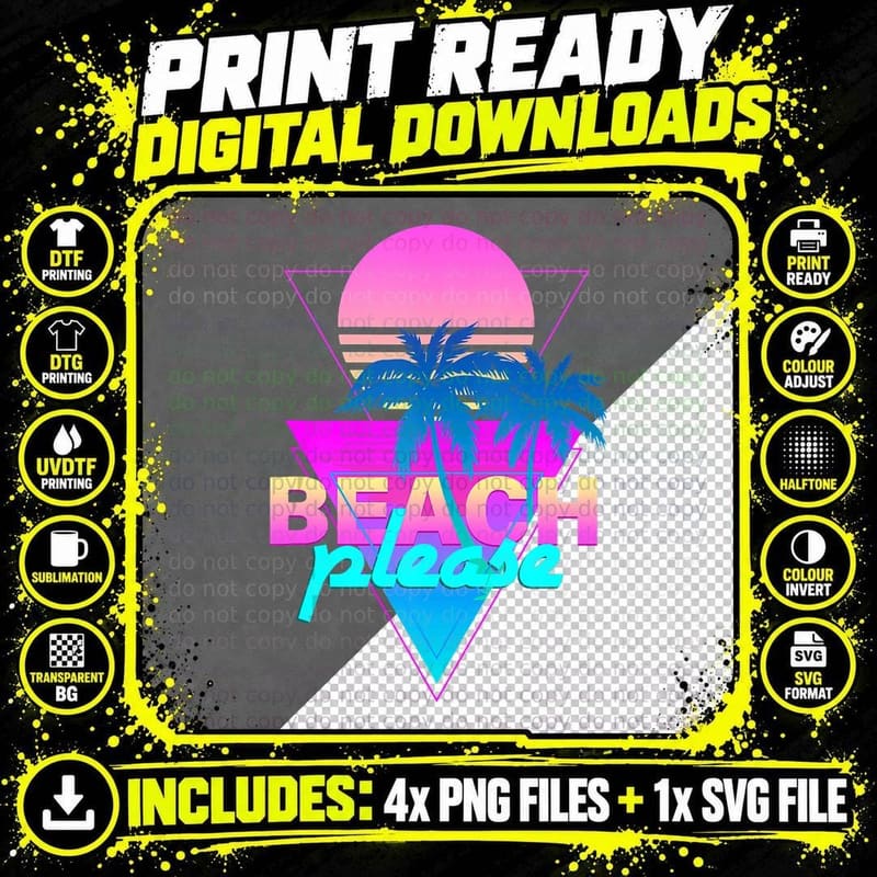 Beach Please Vaporwave Retro Palm Tree & Sunset Png SVG Digital Bundle