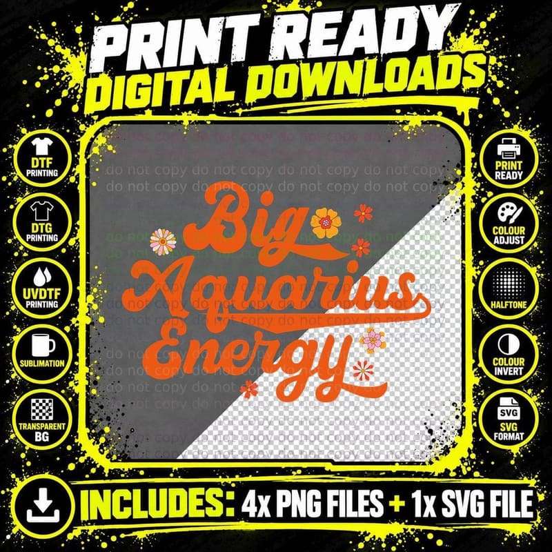 Big Aquarius Energy Groovy Zodiac Sign Astrology Png SVG Digital Bundle