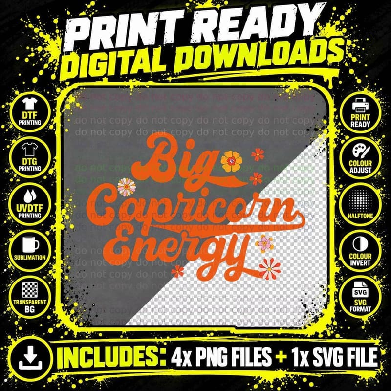 Big Capricorn Energy Groovy Zodiac Sign Astrology Png SVG Digital Bundle
