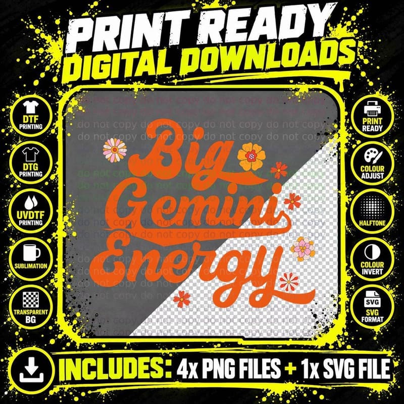 Big Gemini Energy Groovy Zodiac Sign Astrology Horoscope Png SVG Digital Bundle