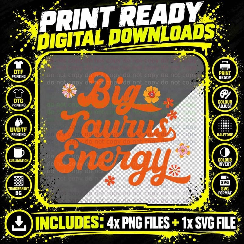 Big Taurus Energy Groovy Zodiac Sign Astrology Horoscope Png SVG Digital Bundle