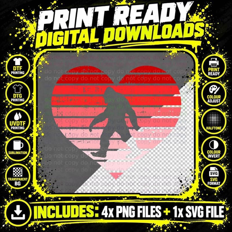 Bigfoot Valentines Day Retro Sasquatch V-Day Pajama Png SVG Digital Bundle