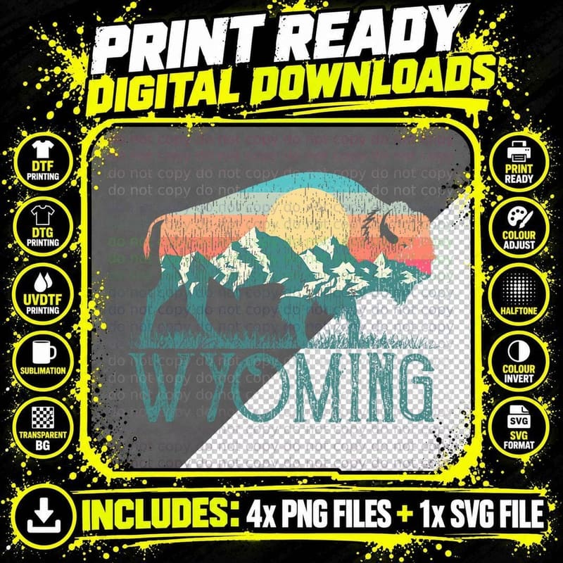 Bison Buffalo Retro Wyoming Tee WY Mountains Retro Png SVG Digital Bundle