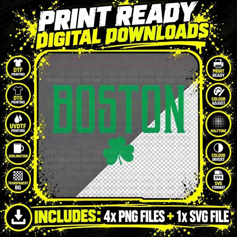 Boston Massachusetts Irish Shamrock Vintage Text Green Png SVG Digital Bundle