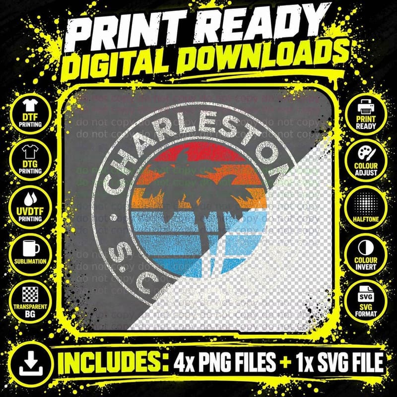 Charleston South Carolina SC Vintage Graphic Retro 70s Png SVG Digital Bundle