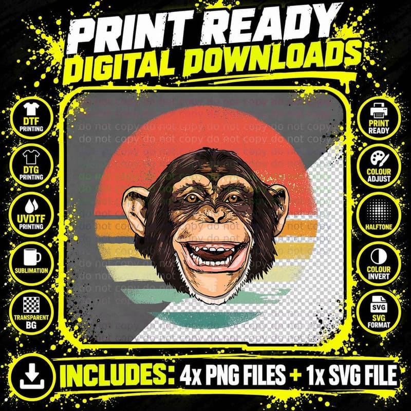 Chimpanzee Monkey Shirt Retro Chimp Wild Zoo Animal Png SVG Digital Bundle