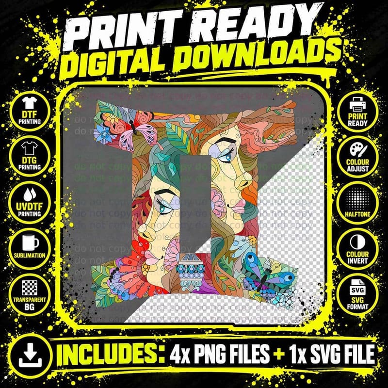 Colorful Gemini Tee Zodiac Sign Gift Retro Astrology Png SVG Digital Bundle