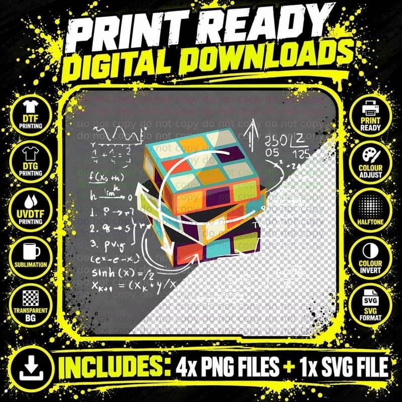 Competitive Puzzle Cube Math Speed Cubing 80's Vintage Png SVG Digital Bundle
