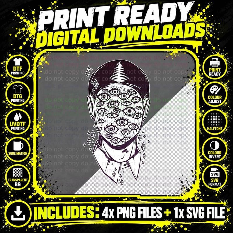 Dali Surreal Tshirt - Noir Retro Eyes on Face Tattoo Art Png SVG Digital Bundle