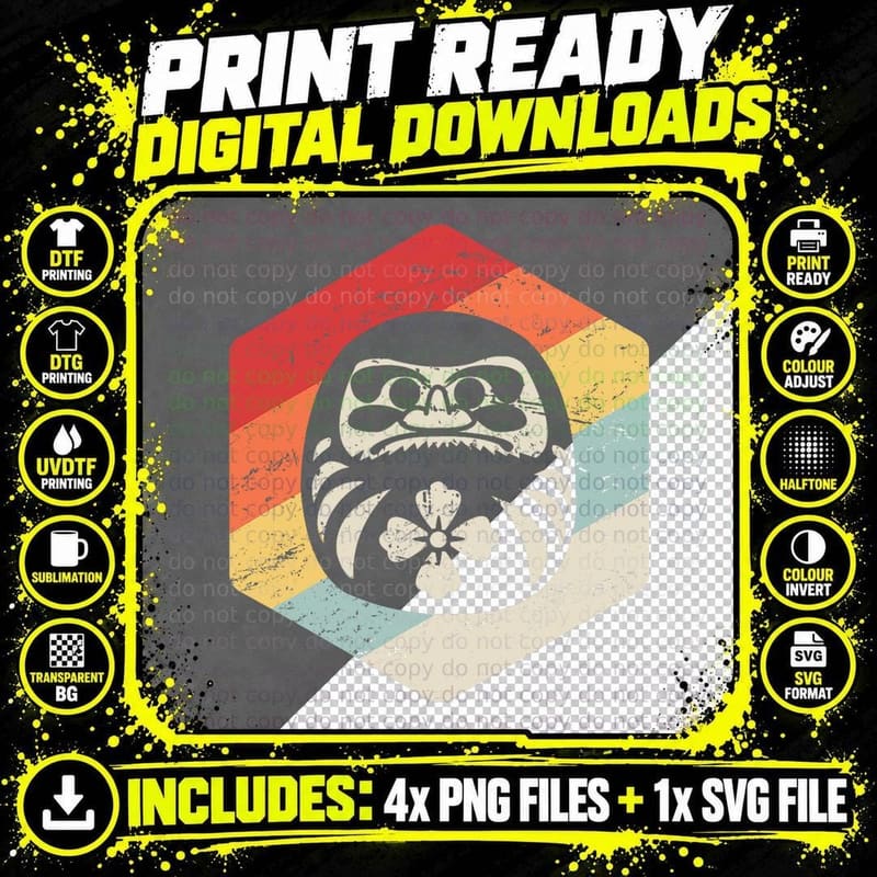 Daruma Doll Retro Vintage Japan & Zen Buddhism Daruma Png SVG Digital Bundle
