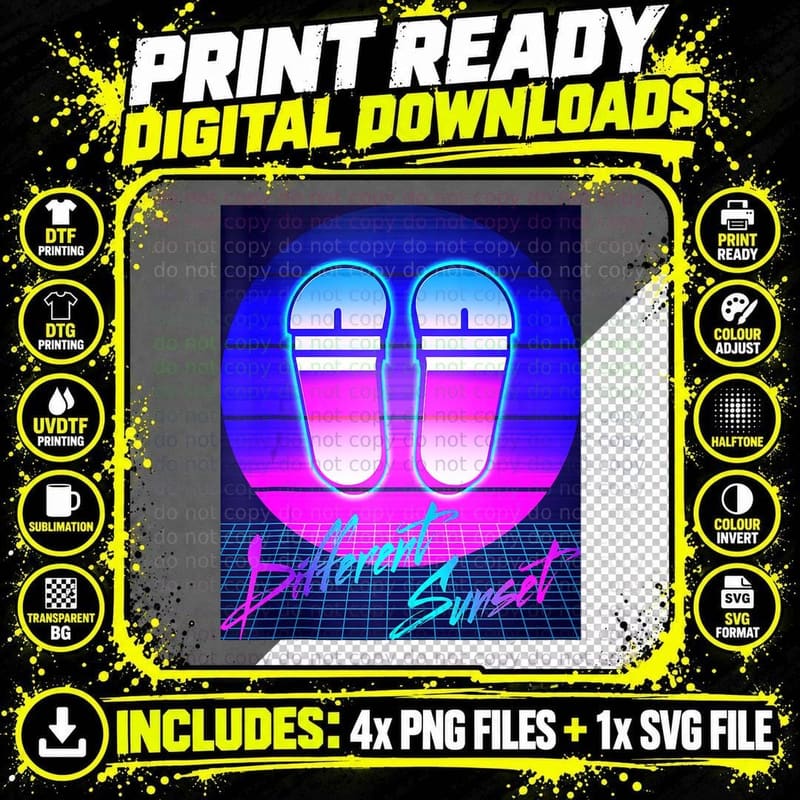 Different Sunset 80's Vintage Vaporwave Summer Vibes Png SVG Digital Bundle