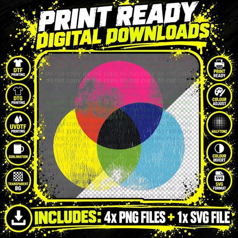 Distressed CMYK RBG Graphic Artist Color Wheel T-Shirt Png SVG Digital Bundle