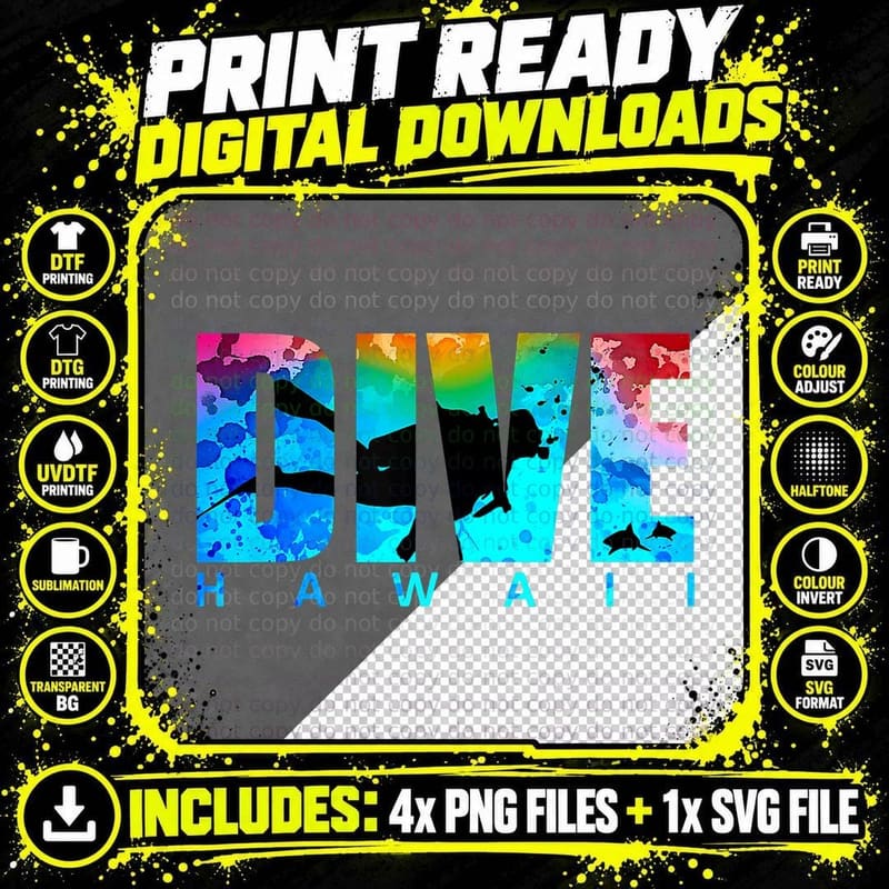 Dive Hawaii with Scuba Diver & Sharks Graphics in Png SVG Digital Bundle